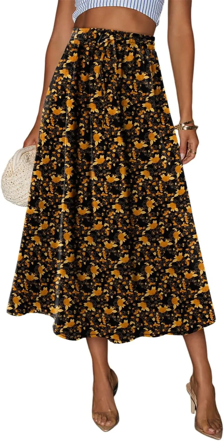 Magritta Women's Print Midi Skirt with Pocket Elastic High Waist 2025 Trendy A-Line Bohe Leopardr Swing Skirts for Women