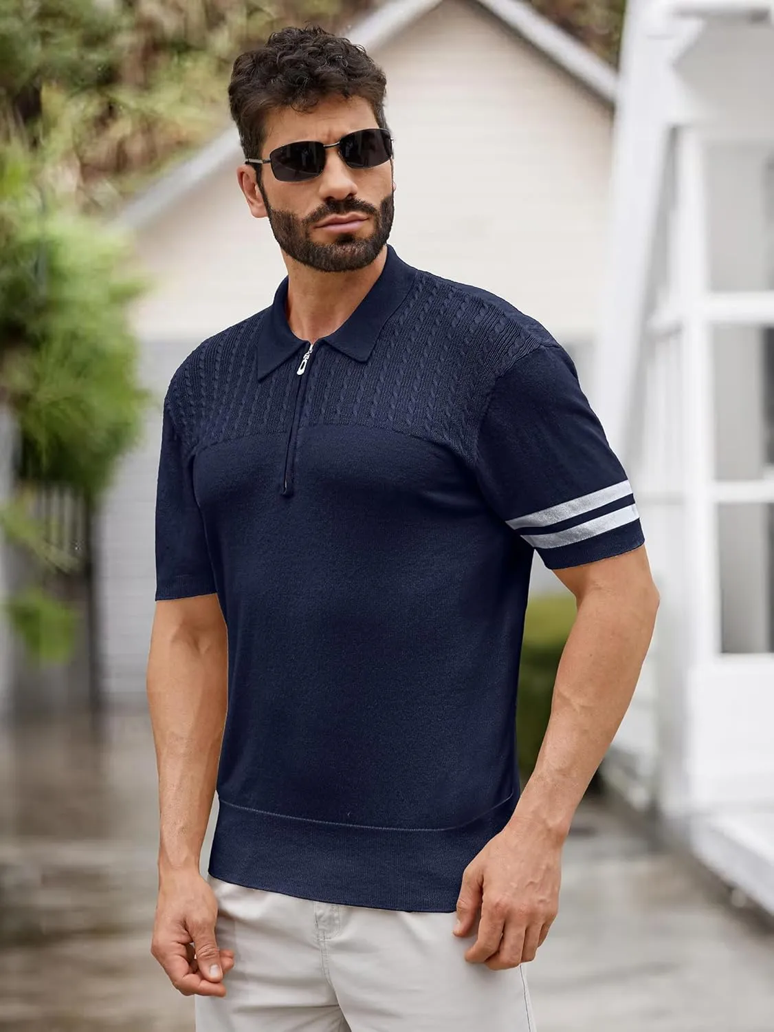 Men's Zipper Short Sleeve Polo Shirts Striped Textured Ribbed Knit Fashion Golf T-Shirts