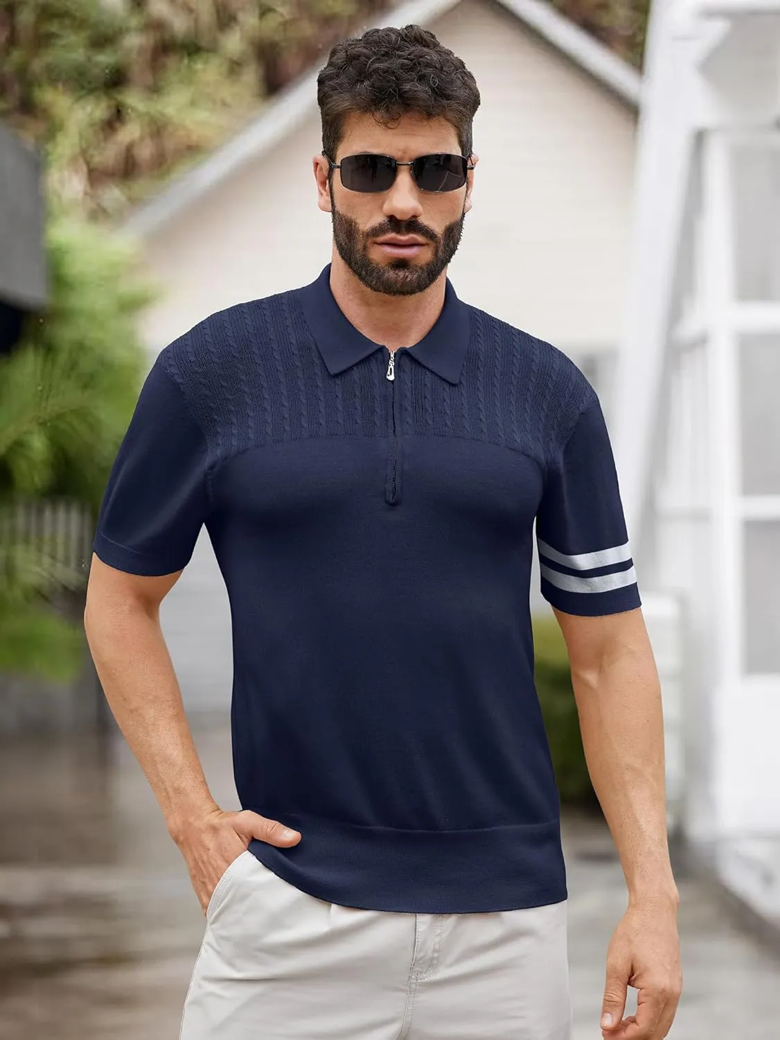 Men's Zipper Short Sleeve Polo Shirts Striped Textured Ribbed Knit Fashion Golf T-Shirts