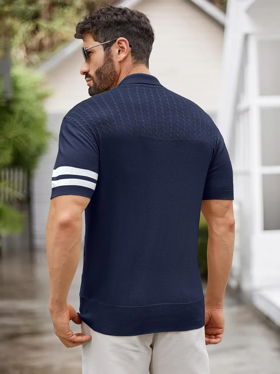 Men's Zipper Short Sleeve Polo Shirts Striped Textured Ribbed Knit Fashion Golf T-Shirts