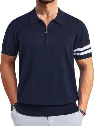 Men's Zipper Short Sleeve Polo Shirts Striped Textured Ribbed Knit Fashion Golf T-Shirts