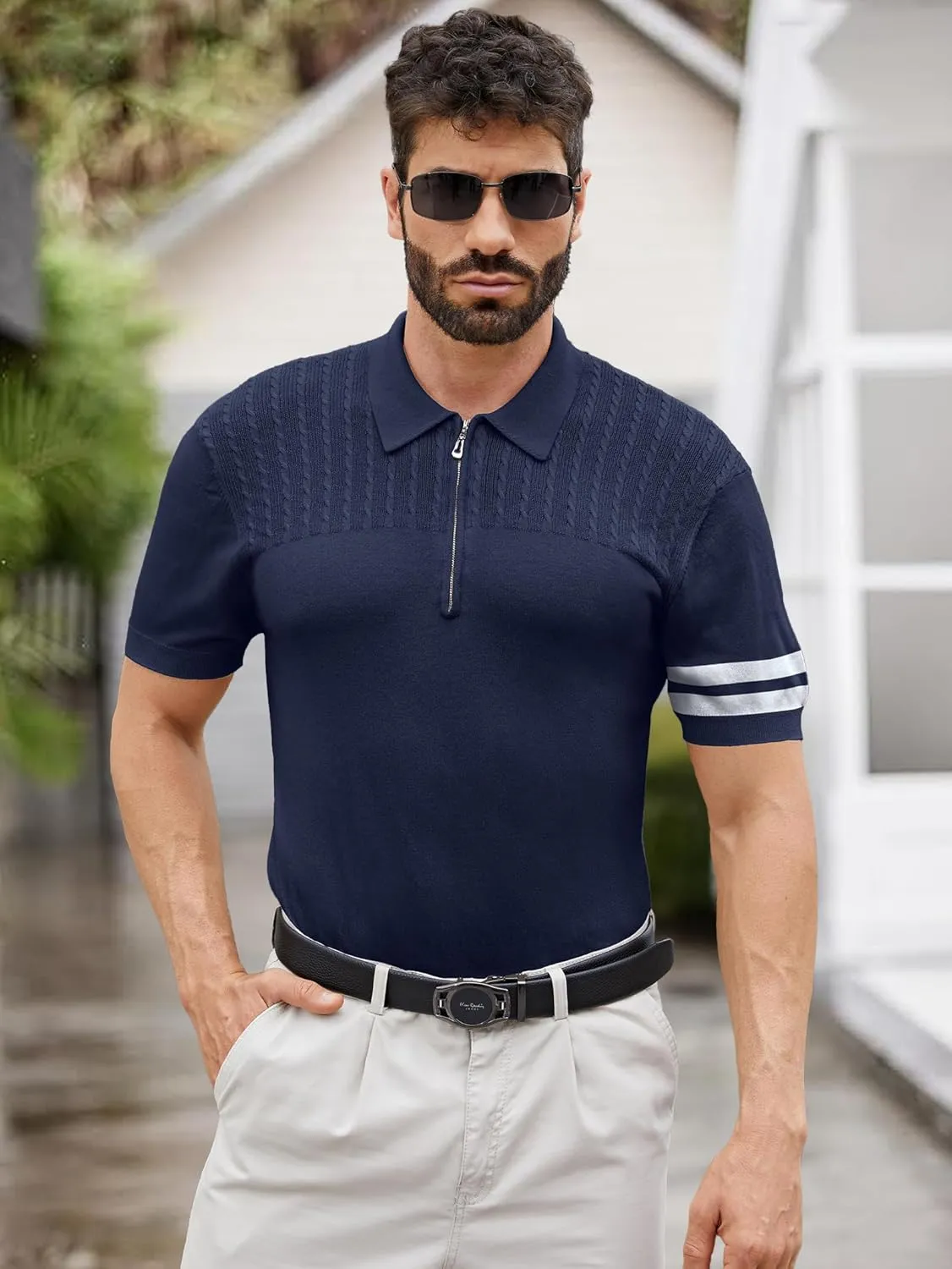 Men's Zipper Short Sleeve Polo Shirts Striped Textured Ribbed Knit Fashion Golf T-Shirts