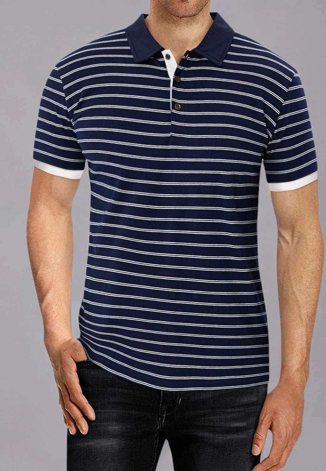 MLANM Men's Polo Shirt Short/Long Sleeve Casual Slim-fit Basic Designed Stripe Cotton Shirts
