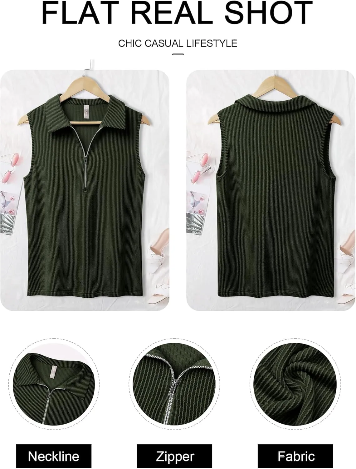 NORACORA Women's Summer Sleeveless Tops V Neck Collared Shirts Dressy Casual Striped Ribbed Tank Top with Zipper Loose Fit