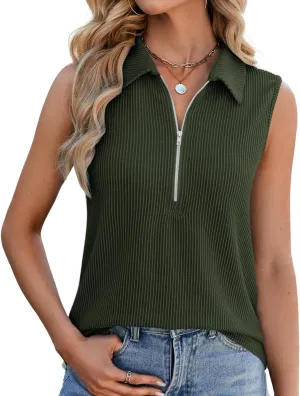NORACORA Women's Summer Sleeveless Tops V Neck Collared Shirts Dressy Casual Striped Ribbed Tank Top with Zipper Loose Fit