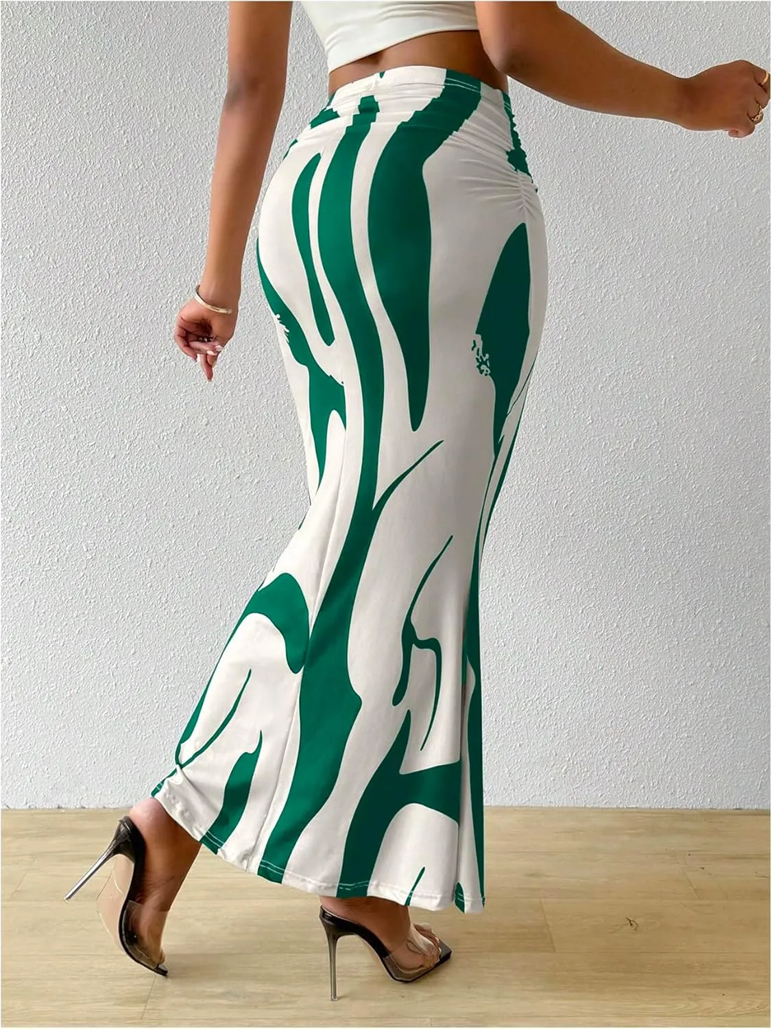 OYOANGLE Women's Graphic Printed Ruch Maxi Skirt High Waist Stretchy Bodycon Skirts