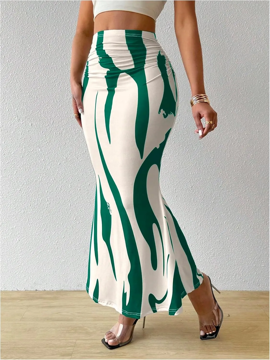 OYOANGLE Women's Graphic Printed Ruch Maxi Skirt High Waist Stretchy Bodycon Skirts