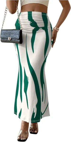 OYOANGLE Women's Graphic Printed Ruch Maxi Skirt High Waist Stretchy Bodycon Skirts