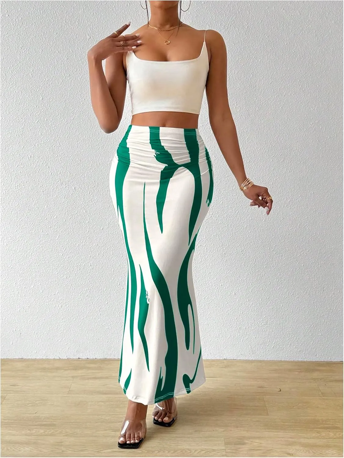OYOANGLE Women's Graphic Printed Ruch Maxi Skirt High Waist Stretchy Bodycon Skirts