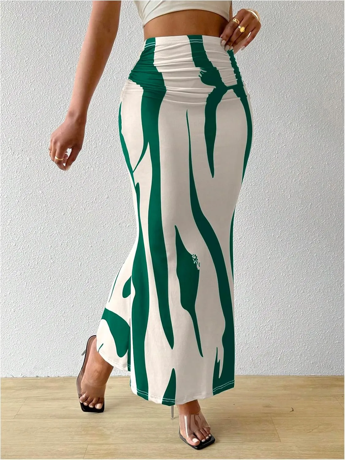 OYOANGLE Women's Graphic Printed Ruch Maxi Skirt High Waist Stretchy Bodycon Skirts