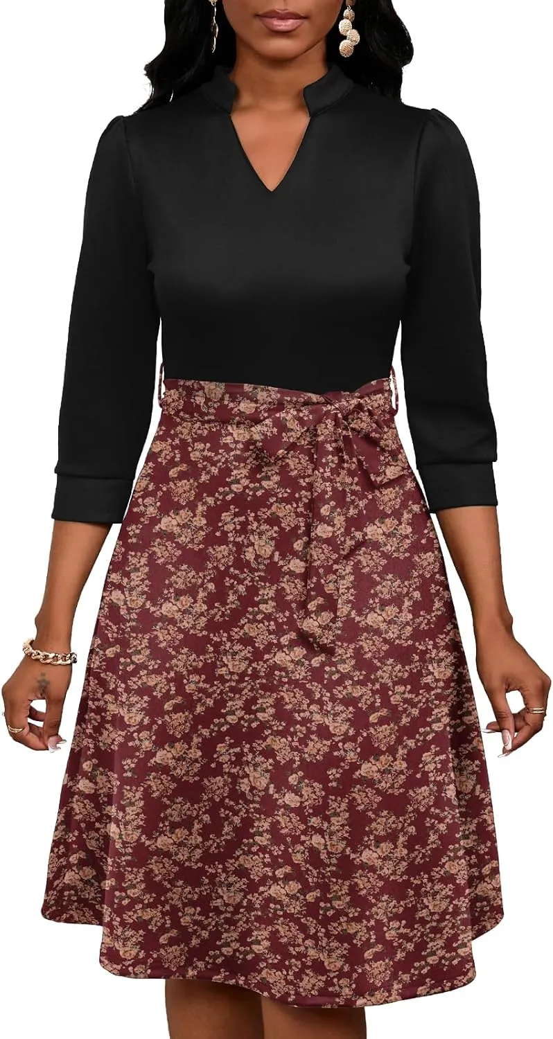 PerZeal Women's Casual Flowy A-Line Midi Dress Flared V-Neck Colorblock Print for Wedding Guest 3/4 Sleeve Dress with Belt