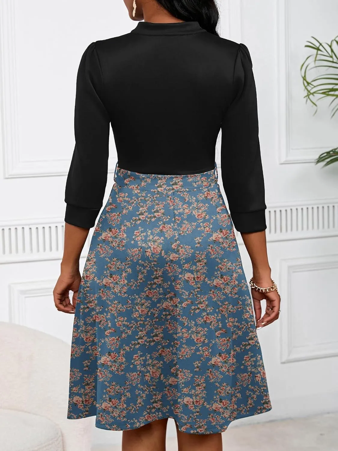 PerZeal Women's Casual Flowy A-Line Midi Dress Flared V-Neck Colorblock Print for Wedding Guest 3/4 Sleeve Dress with Belt