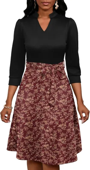 PerZeal Women's Casual Flowy A-Line Midi Dress Flared V-Neck Colorblock Print for Wedding Guest 3/4 Sleeve Dress with Belt