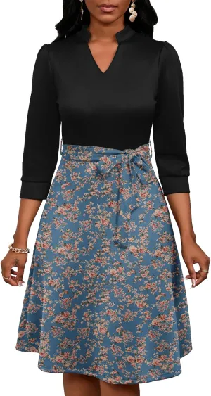 PerZeal Women's Casual Flowy A-Line Midi Dress Flared V-Neck Colorblock Print for Wedding Guest 3/4 Sleeve Dress with Belt