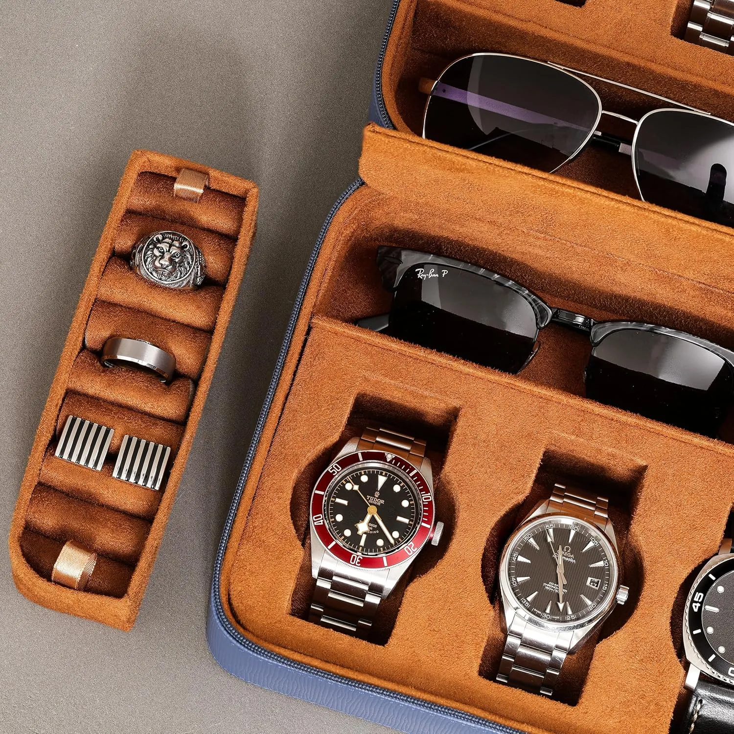 ROTHWELL 8 Watch Travel Case Storage Organizer for 8 Watches, Sunglasses, Rings & Cufflinks |Tough Portable Protection with Zipper Fits Most Wristwatches & Smart Watches Up to 50mm (Blue/Tan)