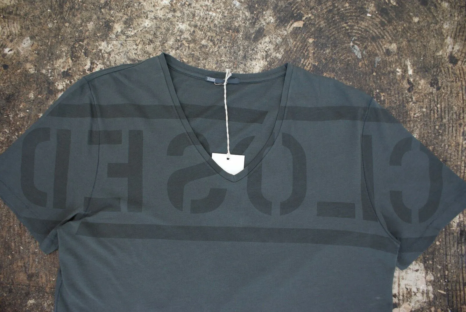 Slate Grey V Neck T Shirt With Logo Print