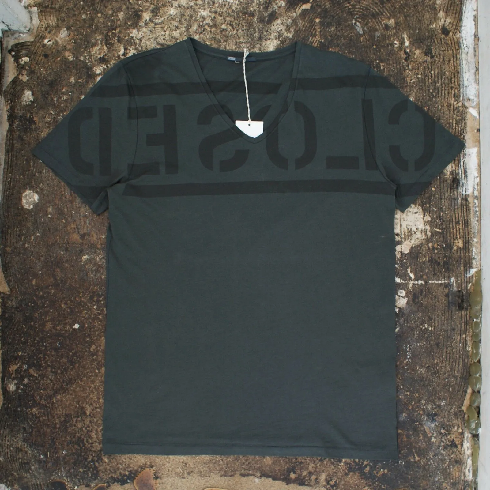 Slate Grey V Neck T Shirt With Logo Print