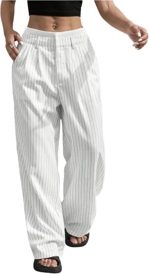 SOLY HUX Women's Striped Pants Color Block High Waisted Wide Leg Casual Work Office Long Trousers