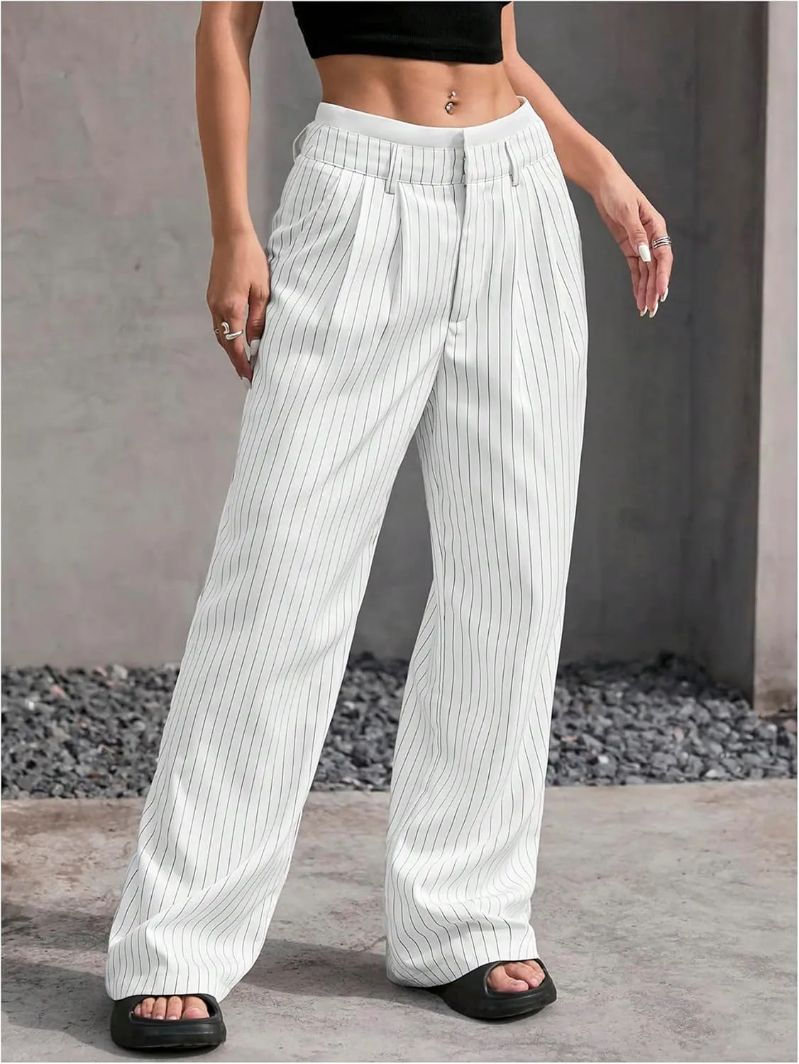 SOLY HUX Women's Striped Pants Color Block High Waisted Wide Leg Casual Work Office Long Trousers