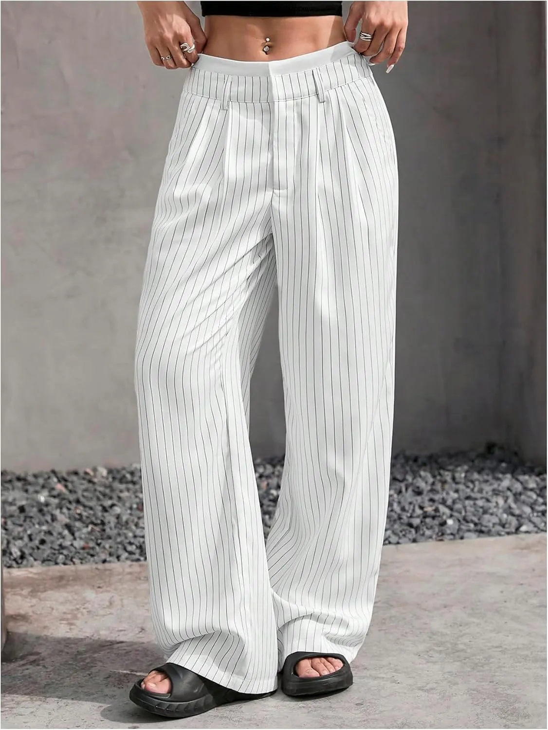 SOLY HUX Women's Striped Pants Color Block High Waisted Wide Leg Casual Work Office Long Trousers