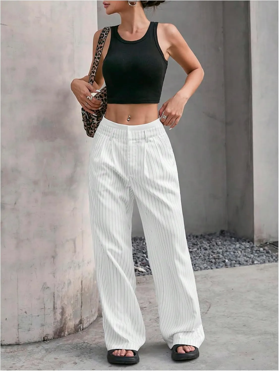 SOLY HUX Women's Striped Pants Color Block High Waisted Wide Leg Casual Work Office Long Trousers