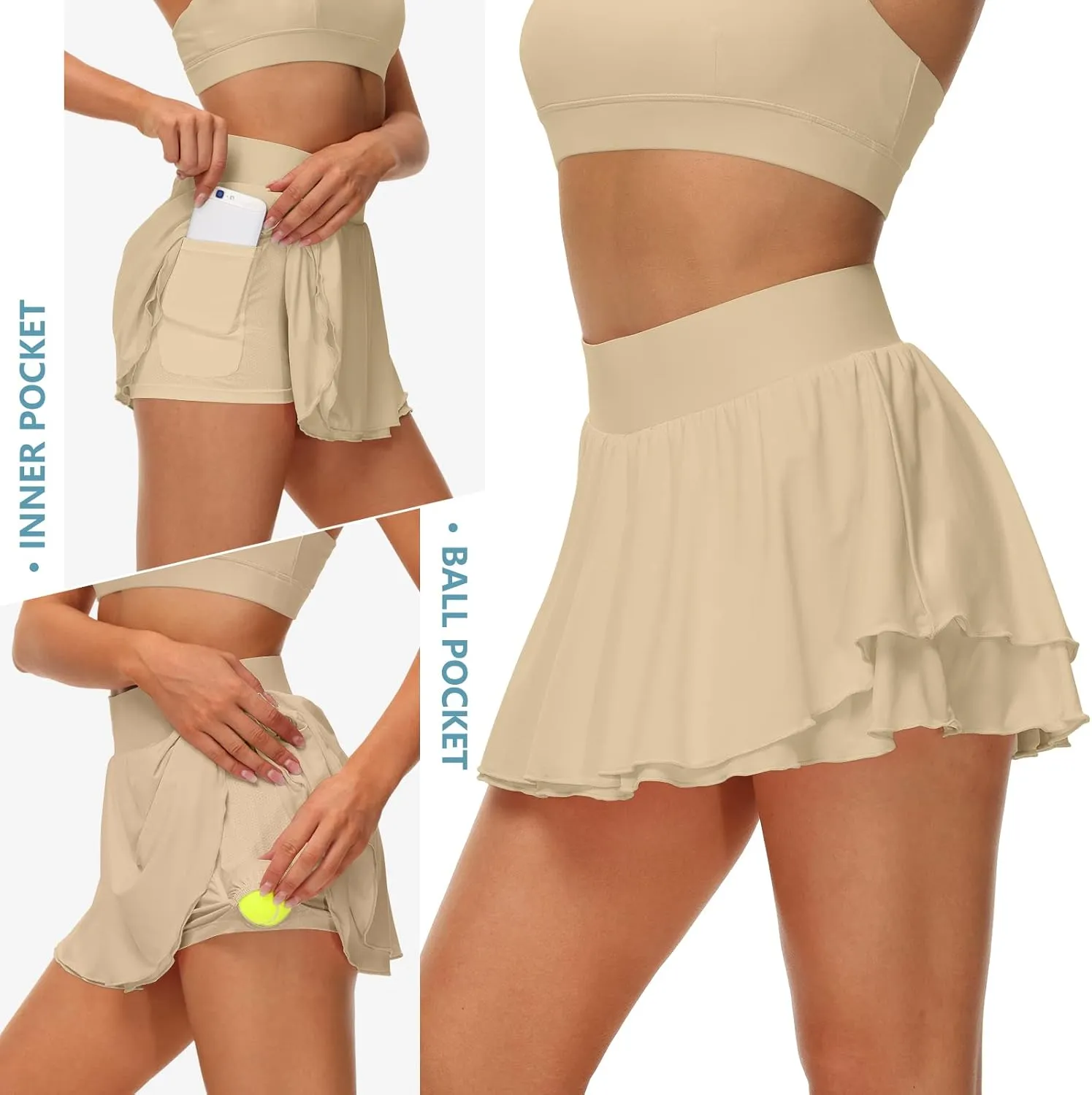 UrKeuf Women's Athletic Tennis Skirts with Pockets 13in Ruffle Golf Running Workout Ice Silk Flowy Skorts with Sports Shorts