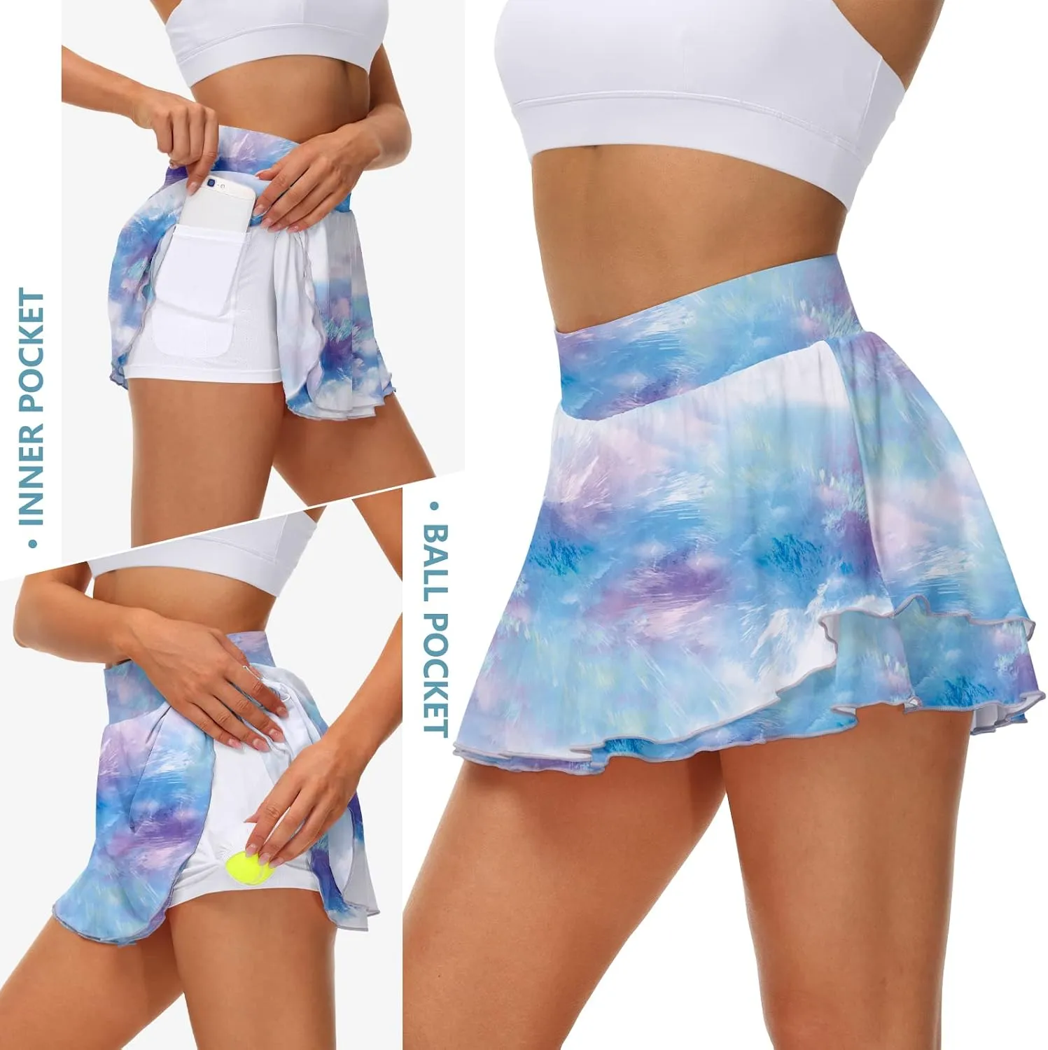 UrKeuf Women's Athletic Tennis Skirts with Pockets 13in Ruffle Golf Running Workout Ice Silk Flowy Skorts with Sports Shorts