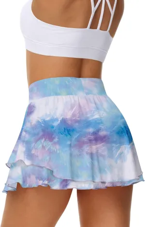 UrKeuf Women's Athletic Tennis Skirts with Pockets 13in Ruffle Golf Running Workout Ice Silk Flowy Skorts with Sports Shorts