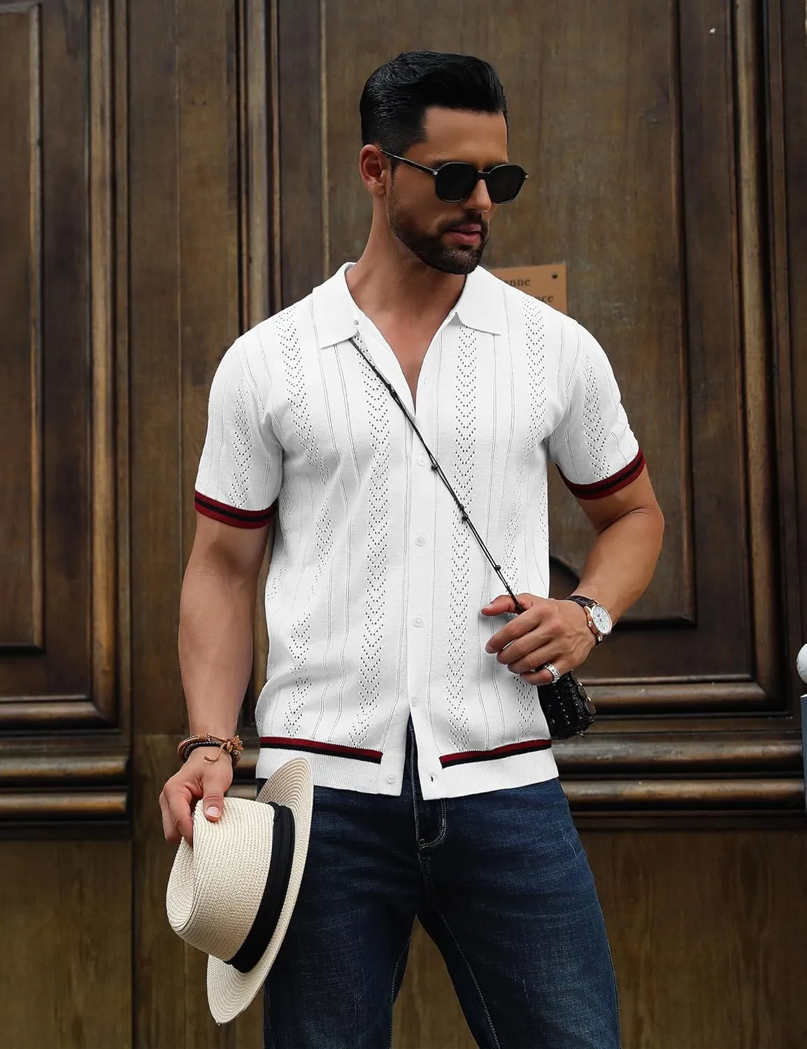 URRU Men's Knit Button Down Polo Shirt Short Sleeve Vintage Casual Summer Beach Tops