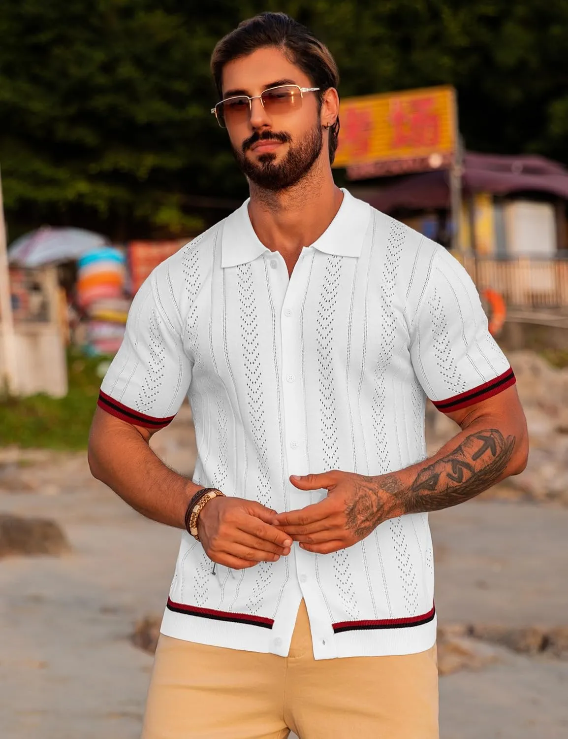 URRU Men's Knit Button Down Polo Shirt Short Sleeve Vintage Casual Summer Beach Tops