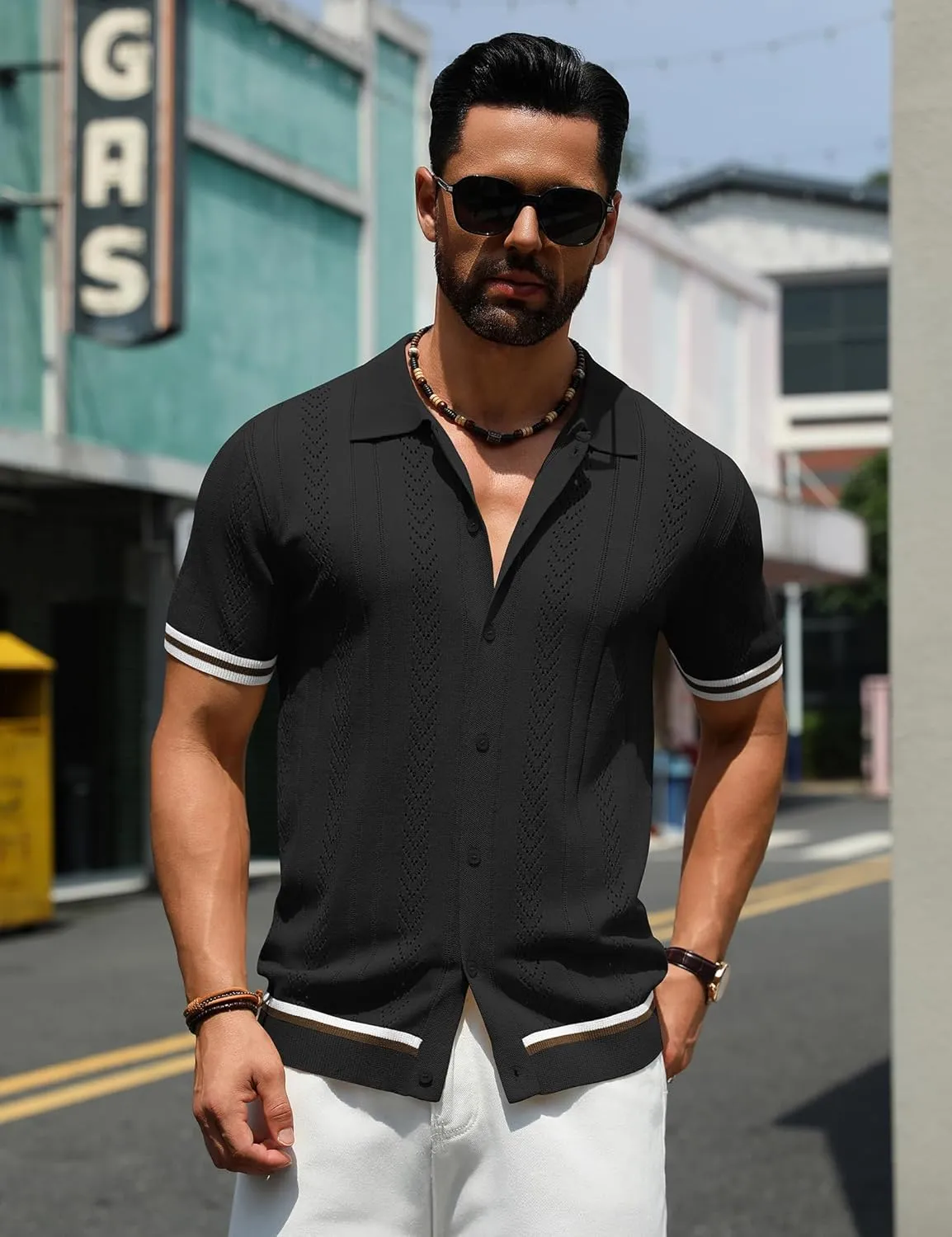 URRU Men's Knit Button Down Polo Shirt Short Sleeve Vintage Casual Summer Beach Tops