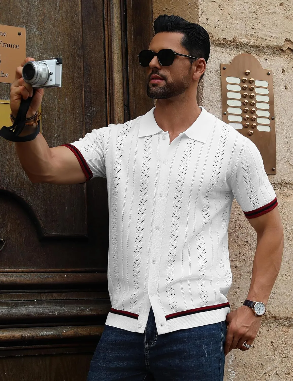 URRU Men's Knit Button Down Polo Shirt Short Sleeve Vintage Casual Summer Beach Tops