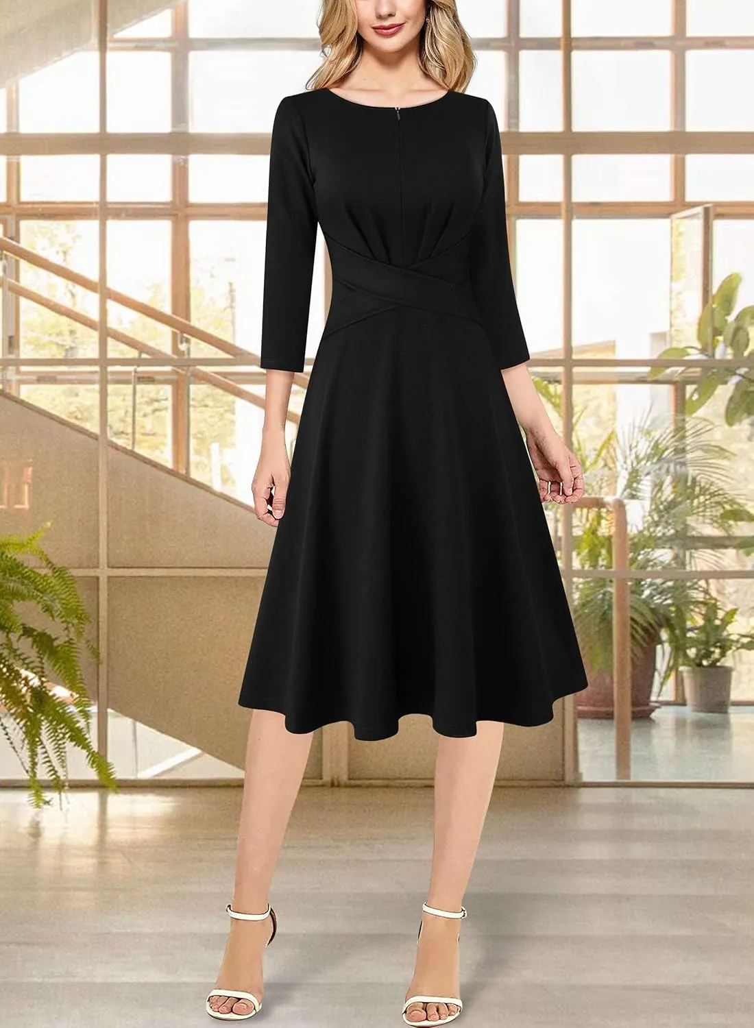 VFSHOW Womens Front Zipper Office Business Work Church Professional Front Zipper Knee Length A Line Fit and Flare Dress