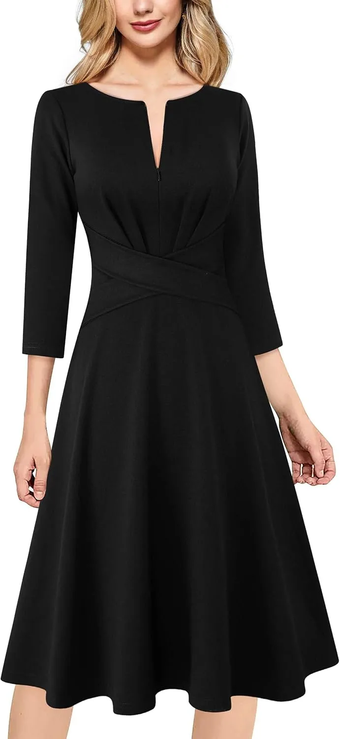 VFSHOW Womens Front Zipper Office Business Work Church Professional Front Zipper Knee Length A Line Fit and Flare Dress