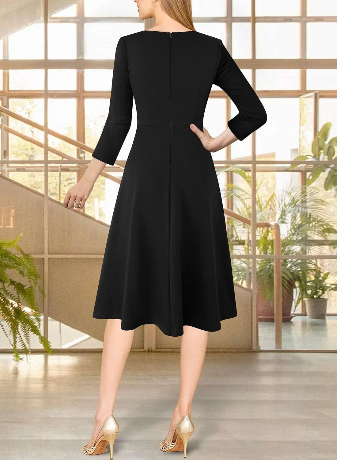 VFSHOW Womens Front Zipper Office Business Work Church Professional Front Zipper Knee Length A Line Fit and Flare Dress