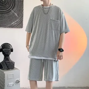 Wiaofellas  -  Ice Silk Breathable Men's Short-sleeved T Shirt Shorts Summer Thin Pocket Loose Drawstring Comfortable Soft Drape 2 Pcs Sets