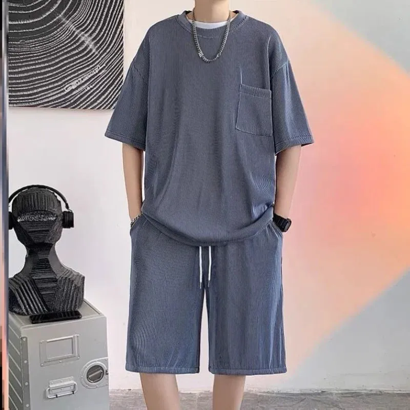 Wiaofellas  -  Ice Silk Breathable Men's Short-sleeved T Shirt Shorts Summer Thin Pocket Loose Drawstring Comfortable Soft Drape 2 Pcs Sets