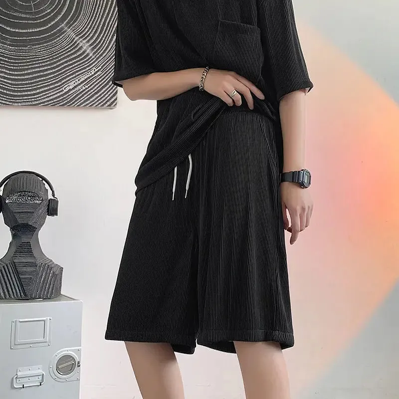 Wiaofellas  -  Ice Silk Breathable Men's Short-sleeved T Shirt Shorts Summer Thin Pocket Loose Drawstring Comfortable Soft Drape 2 Pcs Sets