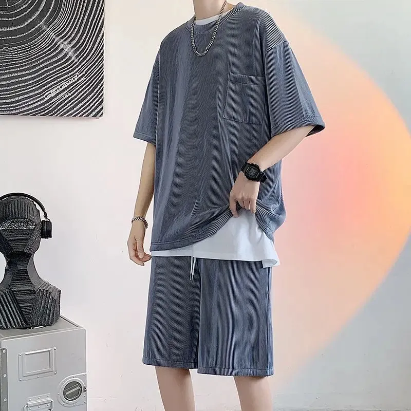 Wiaofellas  -  Ice Silk Breathable Men's Short-sleeved T Shirt Shorts Summer Thin Pocket Loose Drawstring Comfortable Soft Drape 2 Pcs Sets
