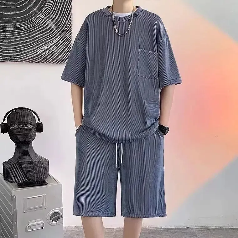Wiaofellas  -  Ice Silk Breathable Men's Short-sleeved T Shirt Shorts Summer Thin Pocket Loose Drawstring Comfortable Soft Drape 2 Pcs Sets