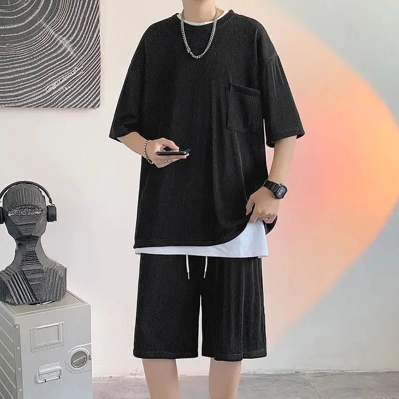 Wiaofellas  -  Ice Silk Breathable Men's Short-sleeved T Shirt Shorts Summer Thin Pocket Loose Drawstring Comfortable Soft Drape 2 Pcs Sets