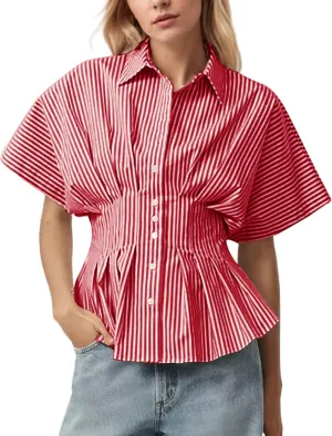 Women Striped Button Down Pleated Shirts 2025 Summer Short Sleeve Dressy Peplum Tops Casual Business Blouse