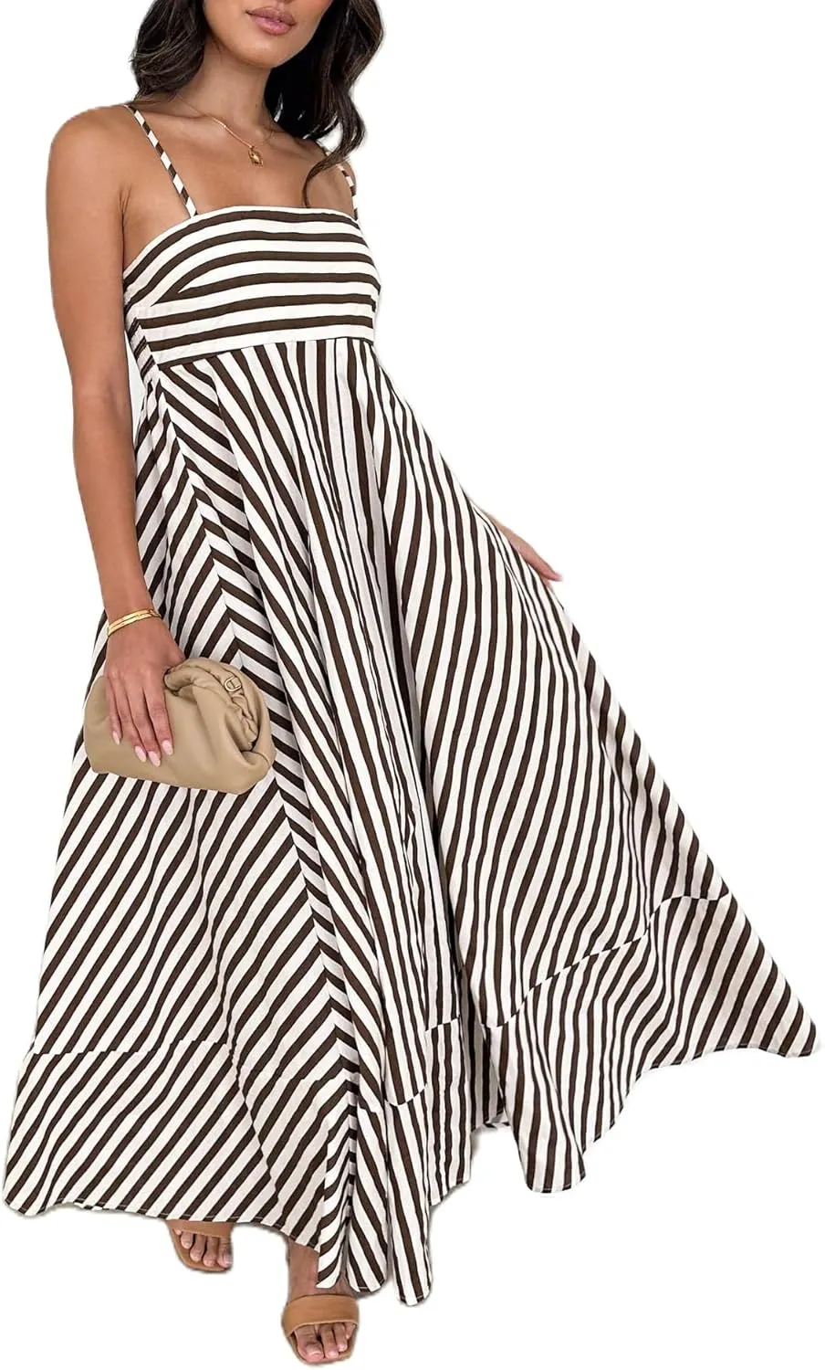Women Striped Maxi Dress Smocked Backless Spaghetti Strap Long Flowy Dress Sleeveless Boho Aline Sundress