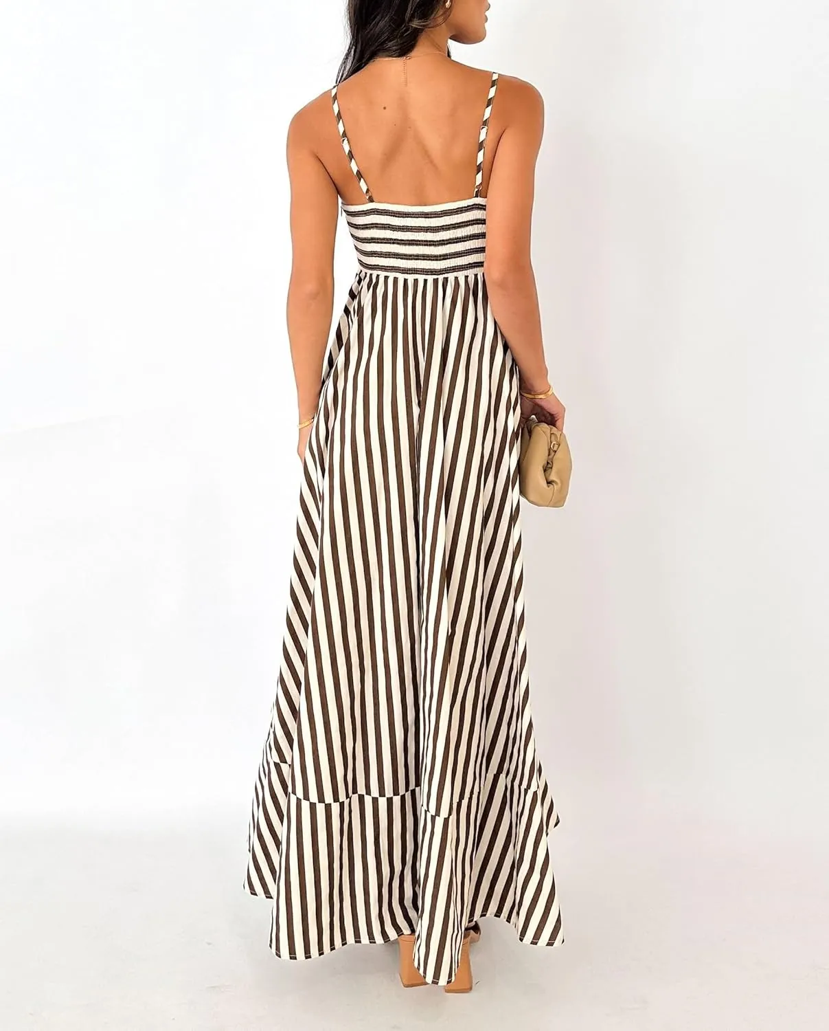 Women Striped Maxi Dress Smocked Backless Spaghetti Strap Long Flowy Dress Sleeveless Boho Aline Sundress