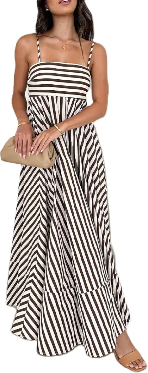 Women Striped Maxi Dress Smocked Backless Spaghetti Strap Long Flowy Dress Sleeveless Boho Aline Sundress