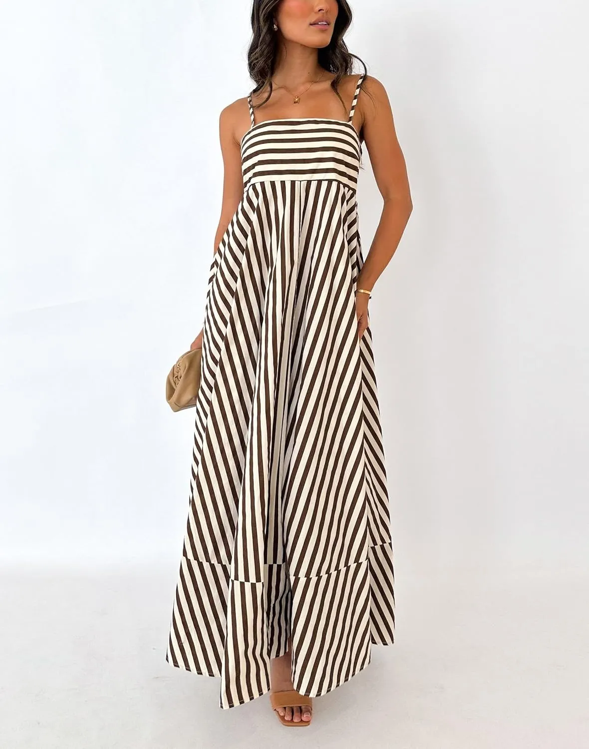 Women Striped Maxi Dress Smocked Backless Spaghetti Strap Long Flowy Dress Sleeveless Boho Aline Sundress