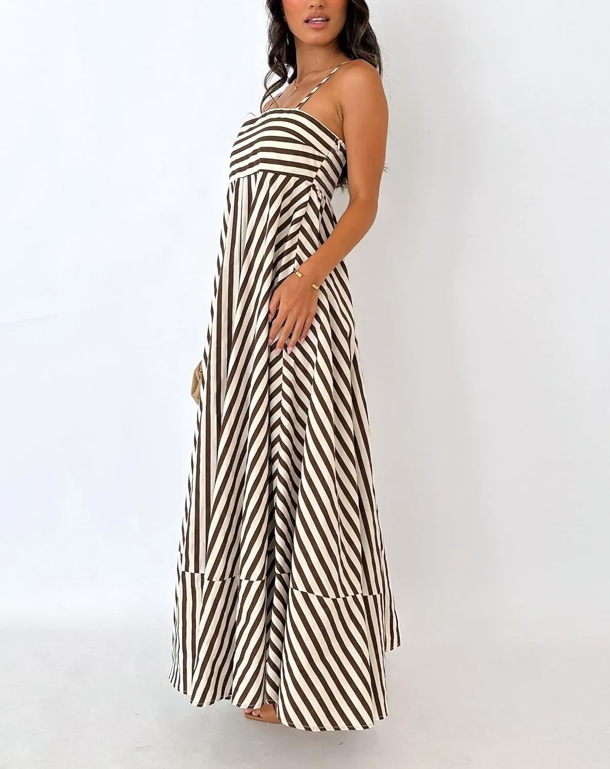 Women Striped Maxi Dress Smocked Backless Spaghetti Strap Long Flowy Dress Sleeveless Boho Aline Sundress