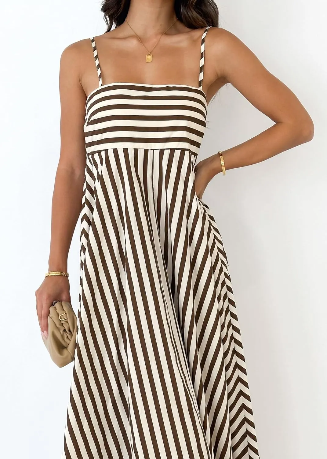Women Striped Maxi Dress Smocked Backless Spaghetti Strap Long Flowy Dress Sleeveless Boho Aline Sundress
