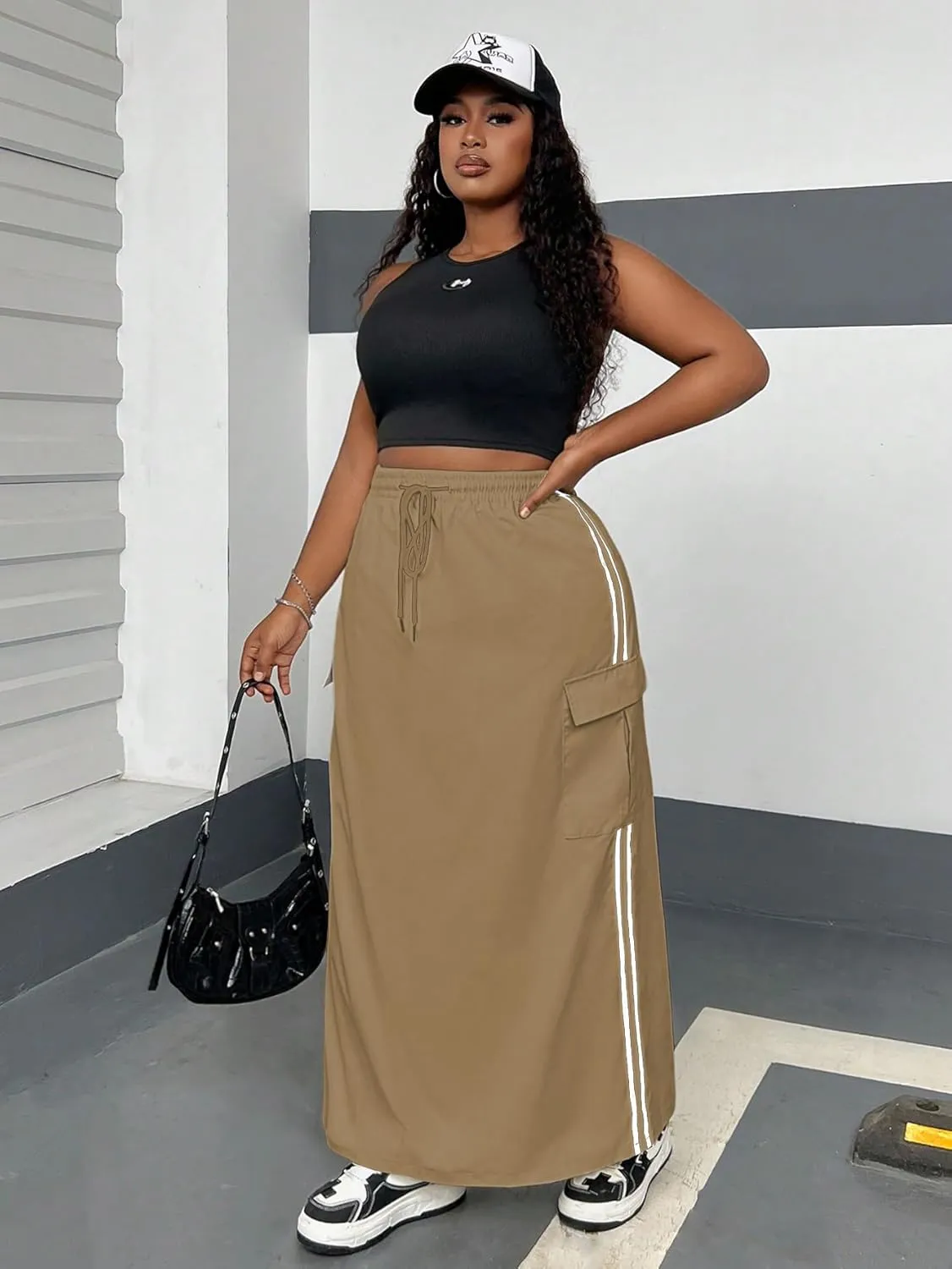 Women's Plus Size Stripe Side Cargo Skirt Drawstring Elastic Waist Maxi Long Skirts