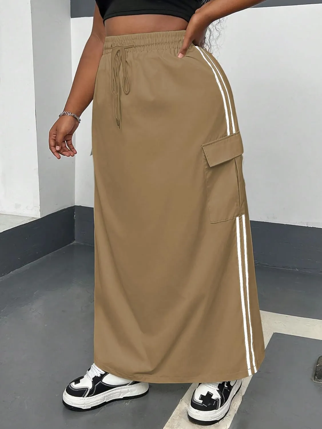 Women's Plus Size Stripe Side Cargo Skirt Drawstring Elastic Waist Maxi Long Skirts